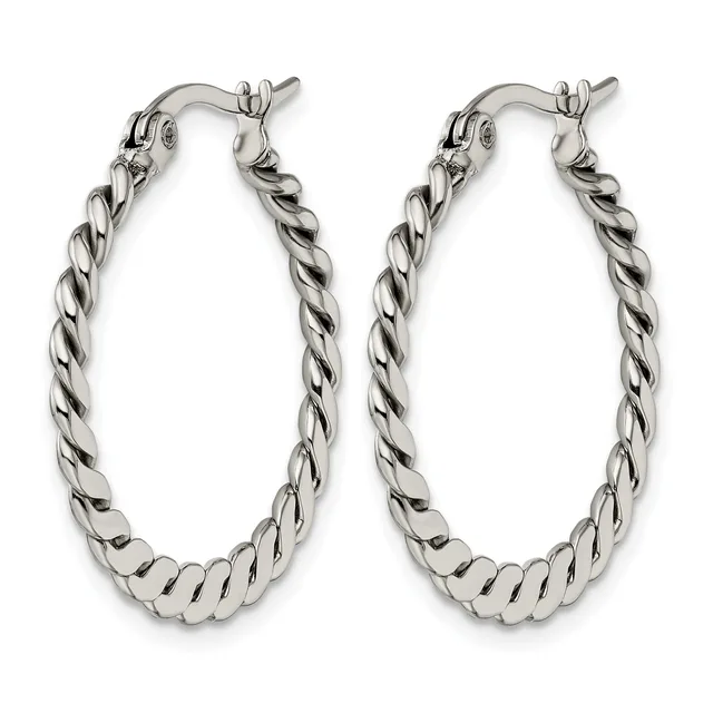 Pair of silver-toned twisted oval hoop earrings with a spiral texture, shown against a white background.