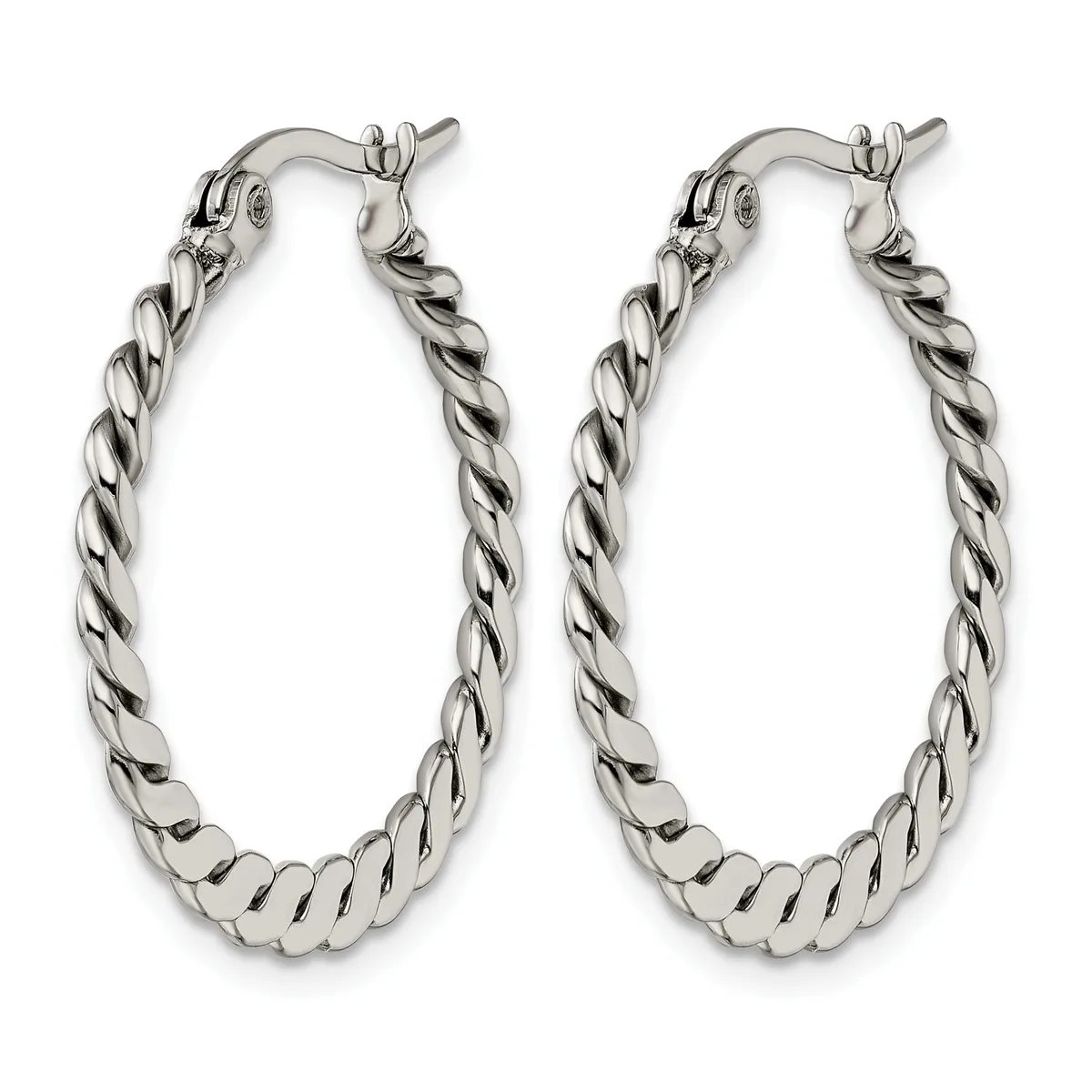 Pair of silver-toned twisted oval hoop earrings with a spiral texture, shown against a white background.