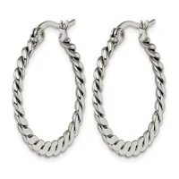 Pair of silver-toned twisted oval hoop earrings with a spiral texture, shown against a white background.