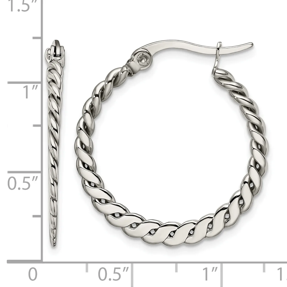 A pair of silver twisted hoop earrings with post and clutch backs, shown next to a ruler measuring approximately 1.25 inches in diameter.