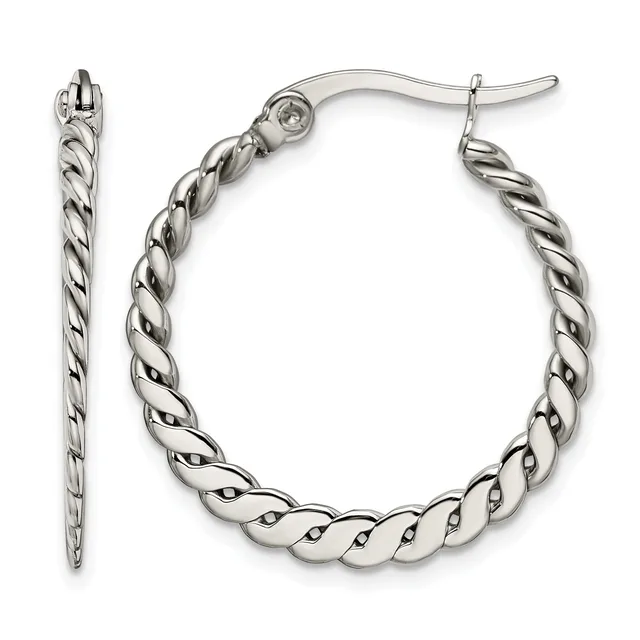 A pair of twisted silver hoop earrings with post and clutch backs, shown from front and side views.