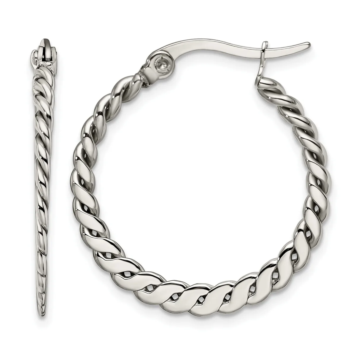 A pair of twisted silver hoop earrings with post and clutch backs, shown from front and side views.