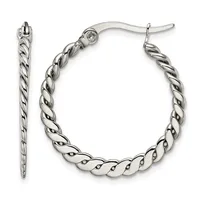 A pair of twisted silver hoop earrings with post and clutch backs, shown from front and side views.