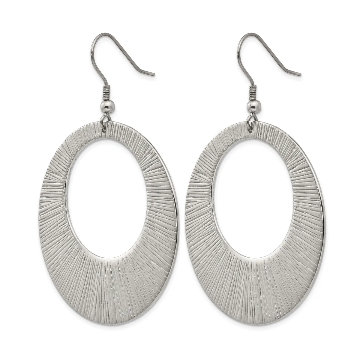 A pair of silver-toned oval dangle earrings with textured linear surface patterns, suspended from hook-style ear wires.