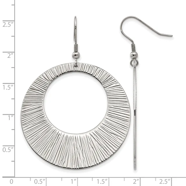 A pair of silver-toned dangle earrings with textured circular rings and matching hook closures, displayed against a measurement scale showing approximately 2.5 inches in length.