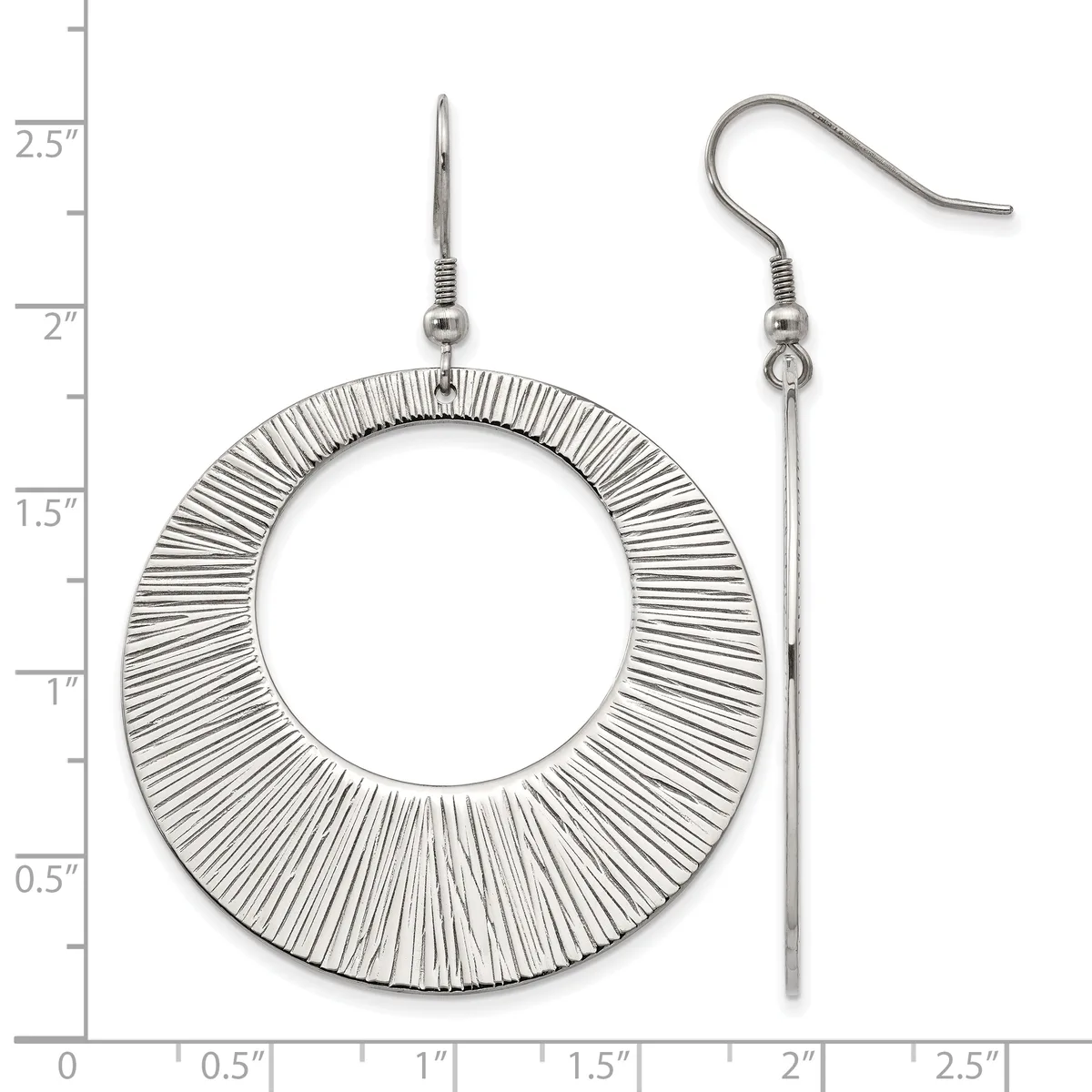 A pair of silver-toned dangle earrings with textured circular rings and matching hook closures, displayed against a measurement scale showing approximately 2.5 inches in length.