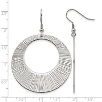 A pair of silver-toned dangle earrings with textured circular rings and matching hook closures, displayed against a measurement scale showing approximately 2.5 inches in length.