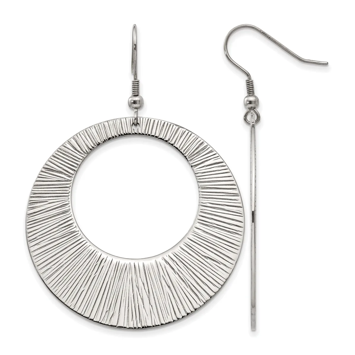 A pair of silver-toned dangle earrings with textured circular rings and matching fish hook ear wires.