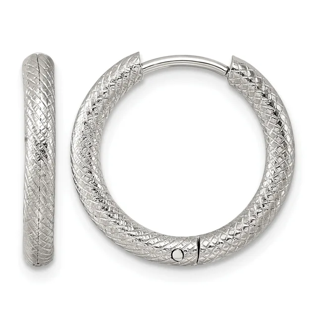 A pair of textured silver hoop earrings with a crosshatch pattern, shown from the front and side view with a small hallmark visible on the clasp.