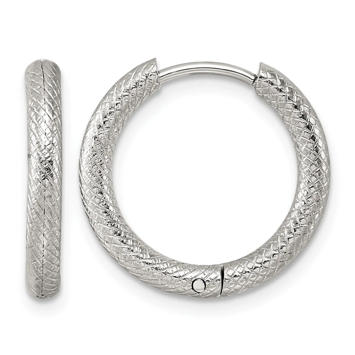 A pair of textured silver hoop earrings with a crosshatch pattern, shown from the front and side view with a small hallmark visible on the clasp.