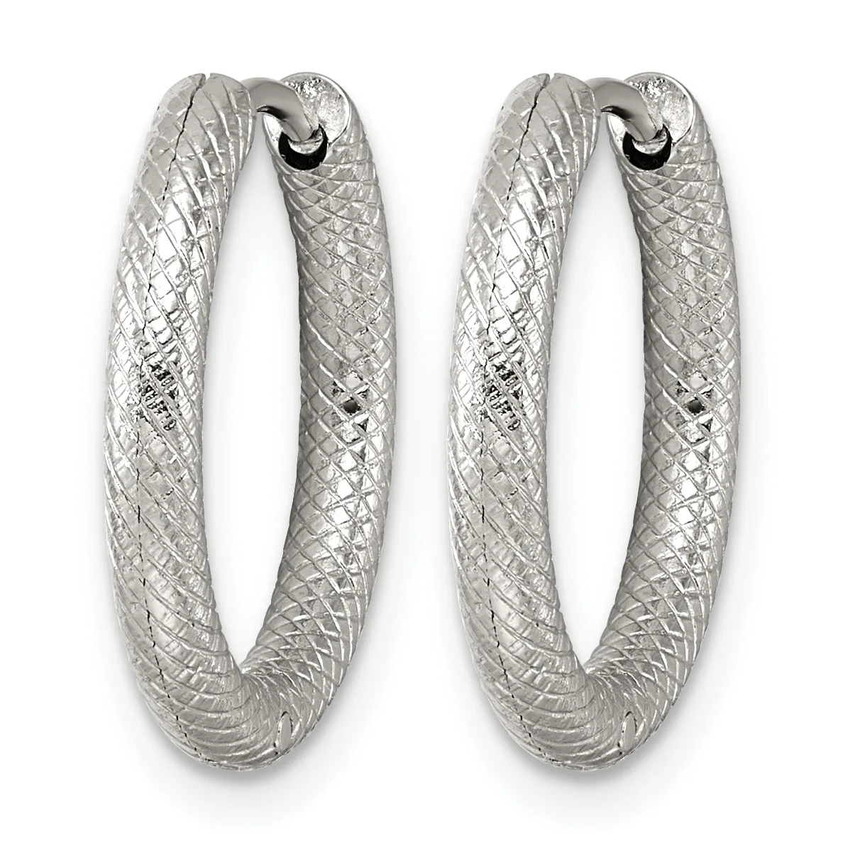 A pair of silver hoop earrings with a textured crosshatch surface pattern and hinged closures, shown from the front.