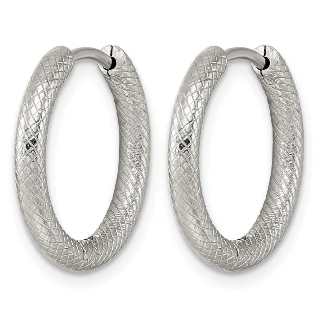 A pair of silver hoop earrings with a textured crosshatch pattern, shown from the front against a white background.
