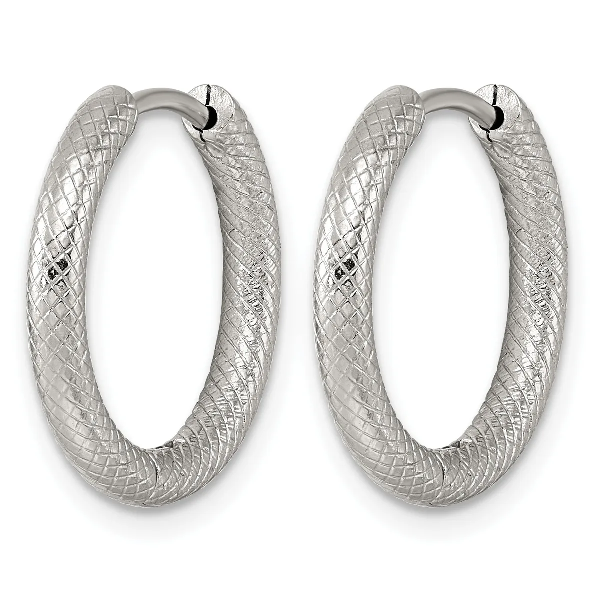 A pair of silver hoop earrings with a textured crosshatch pattern, shown from the front against a white background.