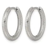 A pair of silver hoop earrings with a textured crosshatch pattern, shown from the front against a white background.