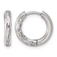 Pair of silver-toned hinged hoop earrings with textured oval pattern detail, shown from front and side angles.