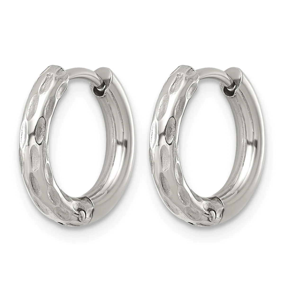 A pair of silver hoop earrings with a textured, dimpled surface and hinged closures, displayed side by side.