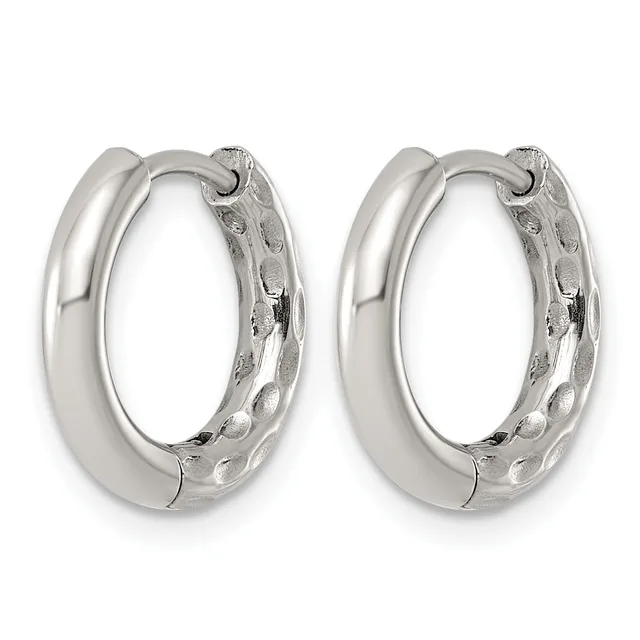 Pair of polished silver hoop earrings with textured inner surfaces and hinged closures, shown from front and back views.