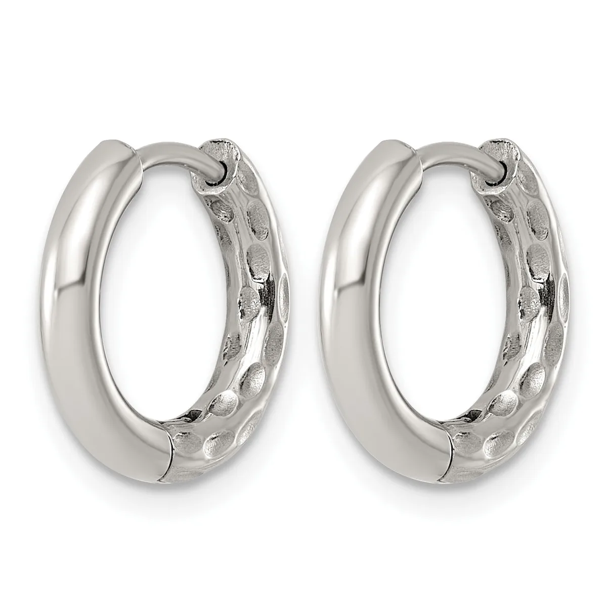 Pair of polished silver hoop earrings with textured inner surfaces and hinged closures, shown from front and back views.