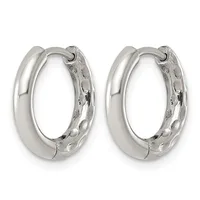 Pair of polished silver hoop earrings with textured inner surfaces and hinged closures, shown from front and back views.