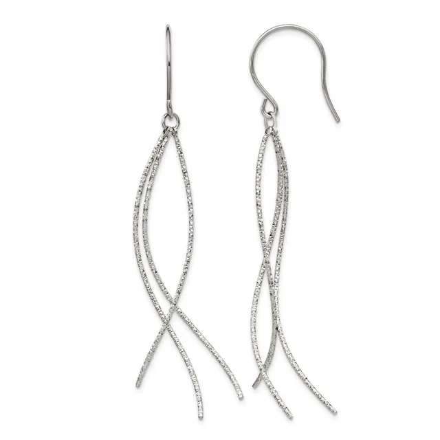 A pair of silver drop earrings with thin twisted wire strands forming an open crisscross pattern, suspended from fish hook ear wires.