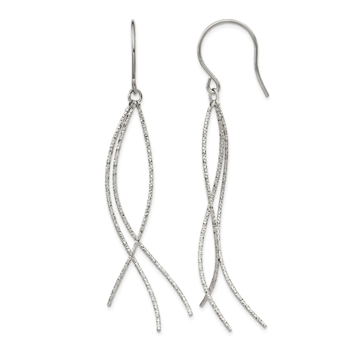 A pair of silver drop earrings with thin twisted wire strands forming an open crisscross pattern, suspended from fish hook ear wires.
