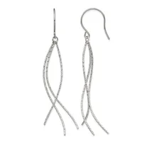 A pair of silver drop earrings with thin twisted wire strands forming an open crisscross pattern, suspended from fish hook ear wires.