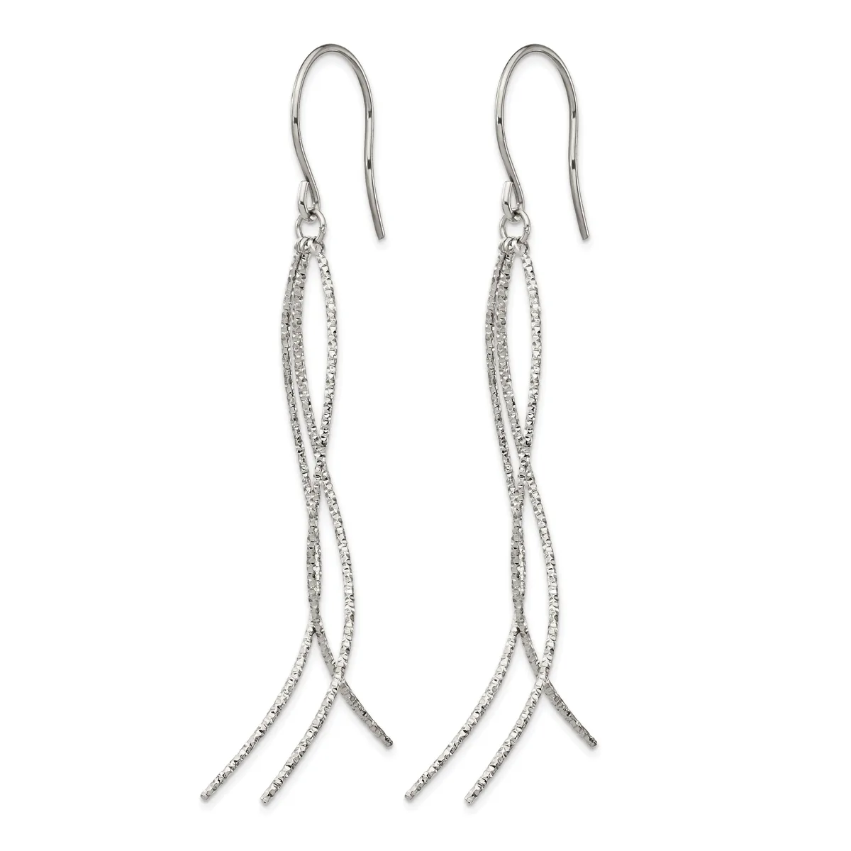 Pair of silver-toned dangle earrings with twisted wire loops and thin tapered strands hanging from hook-style ear wires.