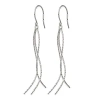 Pair of silver-toned dangle earrings with twisted wire loops and thin tapered strands hanging from hook-style ear wires.