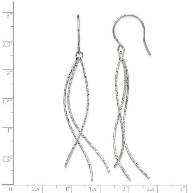 A pair of silver dangle earrings with textured wire strands forming elongated loops, displayed against a measurement scale showing they are approximately 2.75 inches long.