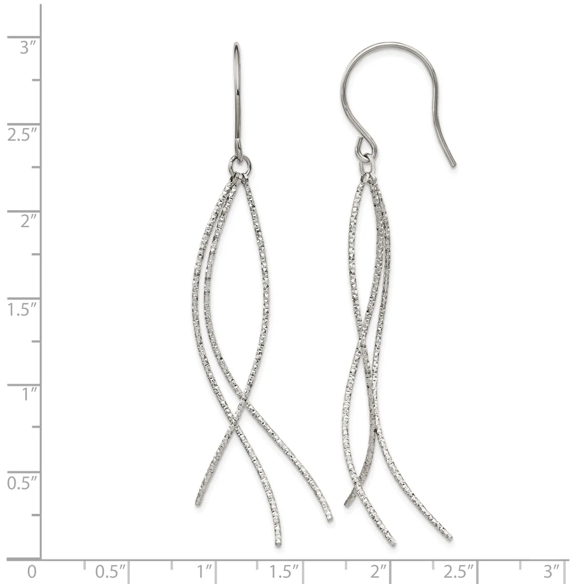 A pair of silver dangle earrings with textured wire strands forming elongated loops, displayed against a measurement scale showing they are approximately 2.75 inches long.
