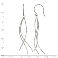 A pair of silver dangle earrings with textured wire strands forming elongated loops, displayed against a measurement scale showing they are approximately 2.75 inches long.
