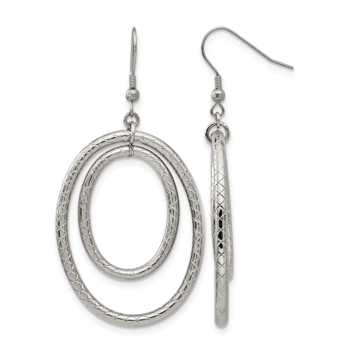 A pair of silver-toned dangle earrings with textured oval loops, shown from front and side views with fish hook closures.