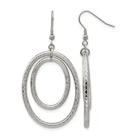 A pair of silver-toned dangle earrings with textured oval loops, shown from front and side views with fish hook closures.