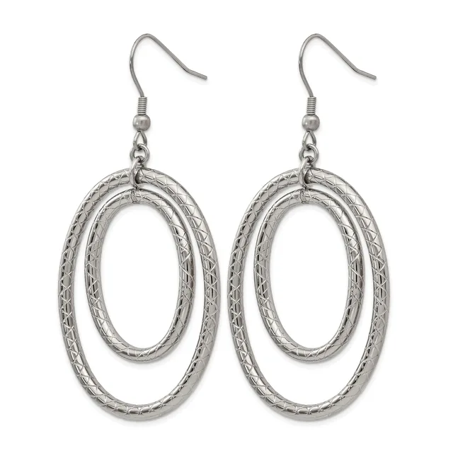 Pair of silver-toned double oval dangle earrings with textured surfaces and fish hook ear wires, shown against a white background.