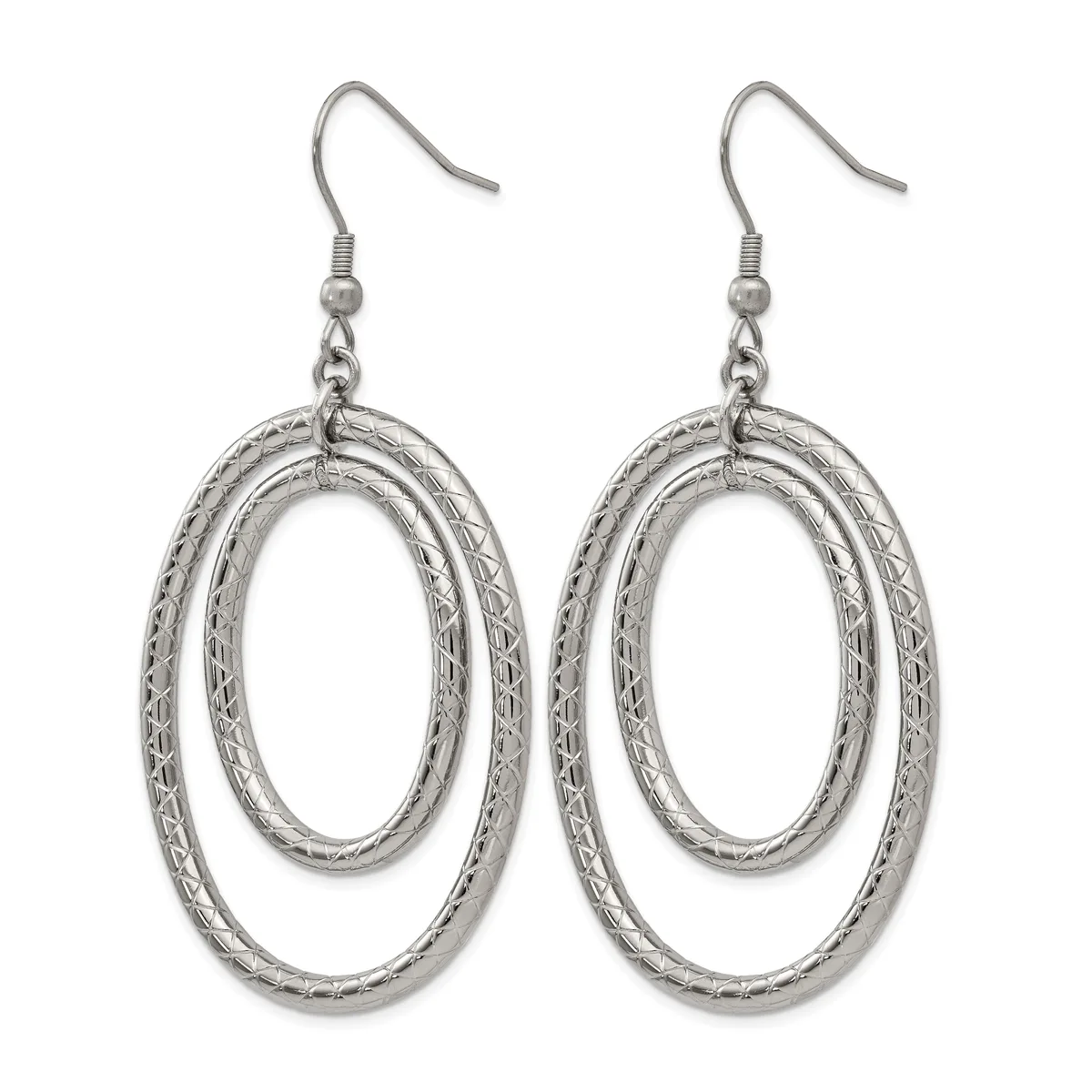 Pair of silver-toned double oval dangle earrings with textured surfaces and fish hook ear wires, shown against a white background.