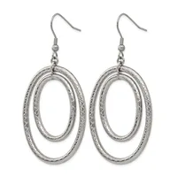 Pair of silver-toned double oval dangle earrings with textured surfaces and fish hook ear wires, shown against a white background.
