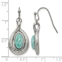 A pair of silver teardrop earrings with turquoise oval cabochon stones, shown front and back view with a measurement scale indicating approximately 1.5 inches in length.