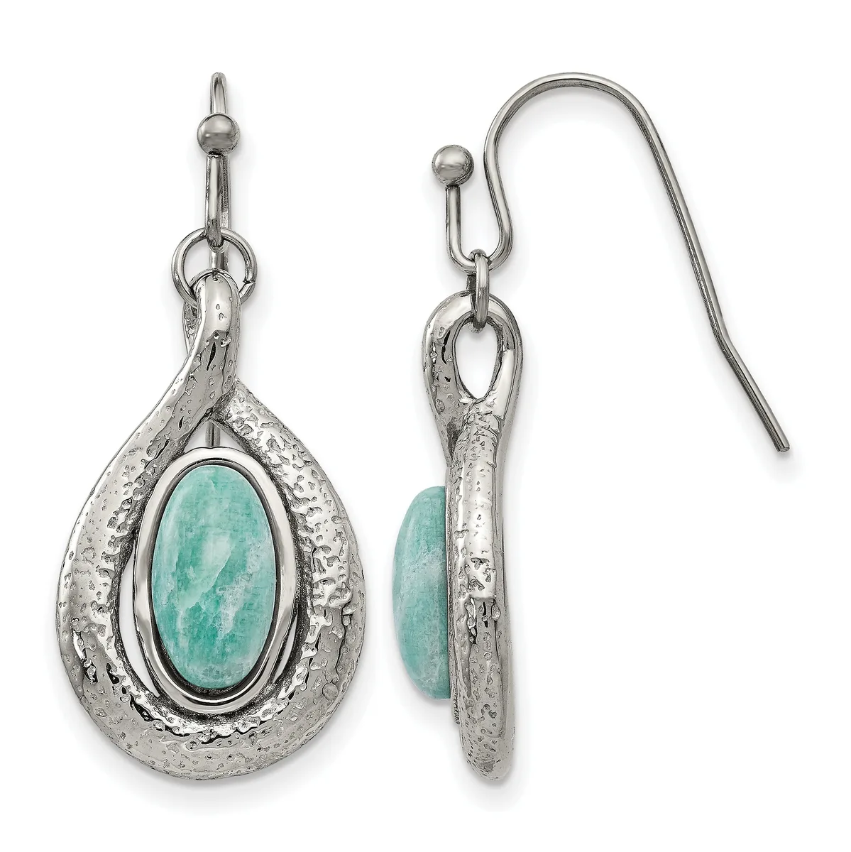 A pair of silver teardrop earrings with textured surfaces, each featuring an oval turquoise stone in the center, shown from front and back views with fish hook ear wires.