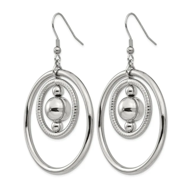 Pair of silver-toned dangle earrings with nested oval rings and a central sphere, suspended from fish hook closures.