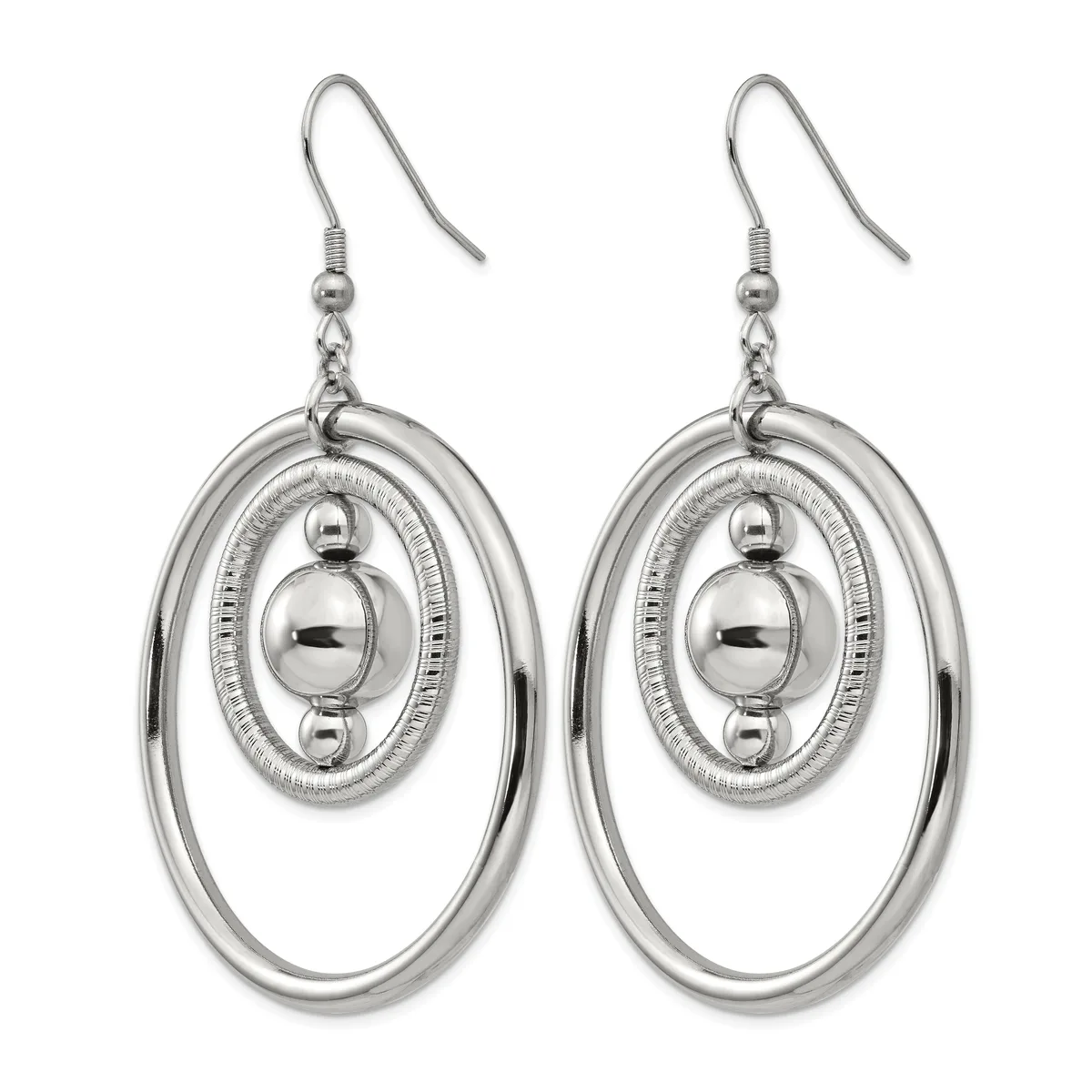 Pair of silver-toned dangle earrings with nested oval rings and a central sphere, suspended from fish hook closures.