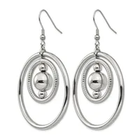 Pair of silver-toned dangle earrings with nested oval rings and a central sphere, suspended from fish hook closures.