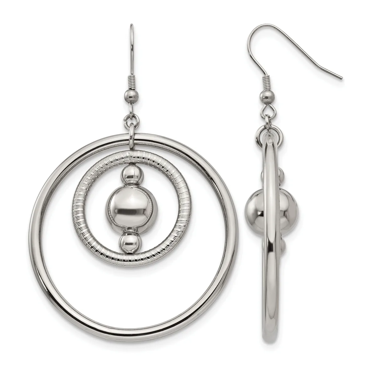 Pair of silver-toned dangle earrings with concentric circular rings and small spheres, shown from front and side views.