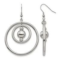 Pair of silver-toned dangle earrings with concentric circular rings and small spheres, shown from front and side views.