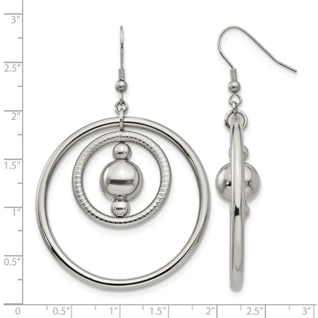 Pair of silver-tone dangle earrings with concentric circular rings and a central sphere, shown front and side view with a measurement scale.
