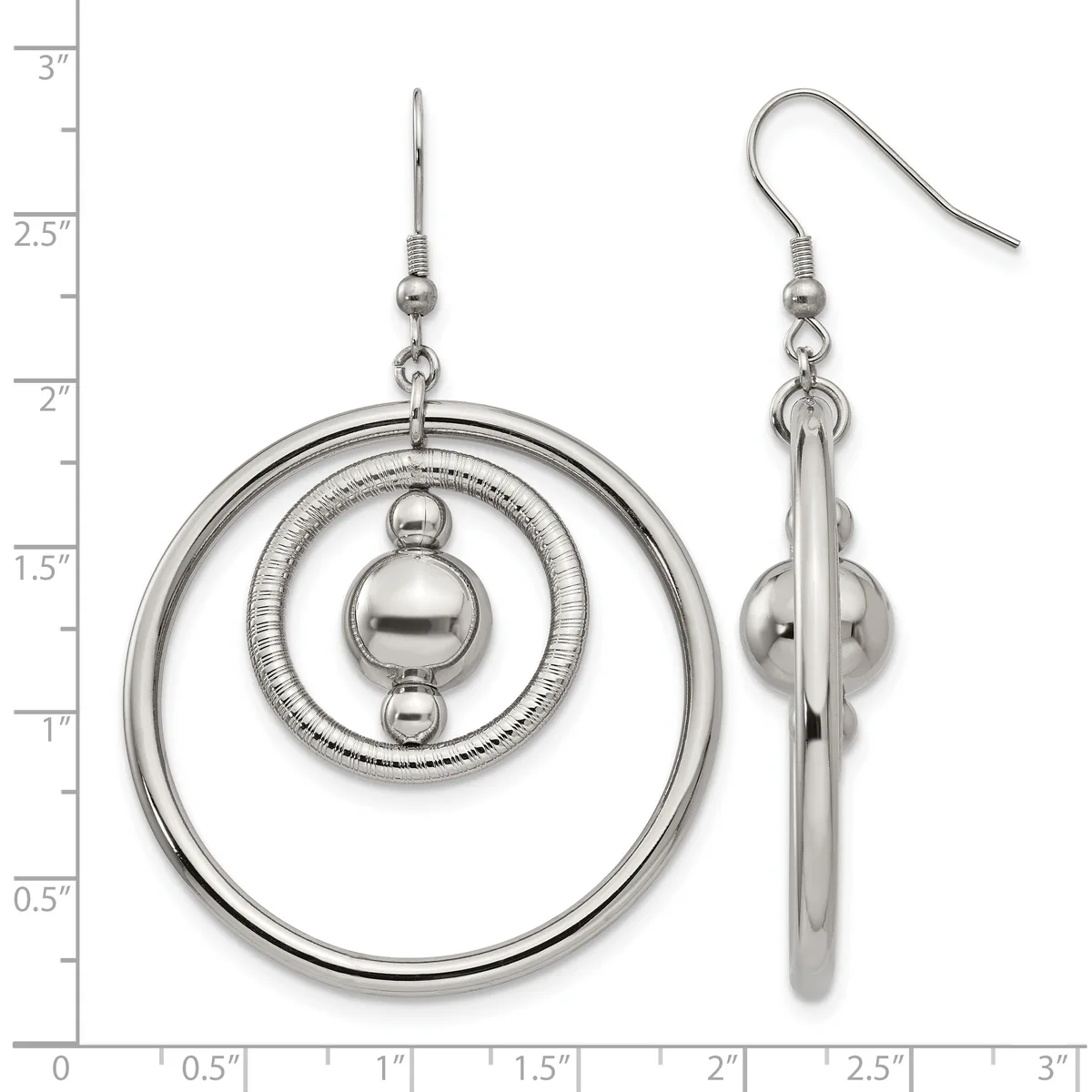 Pair of silver-tone dangle earrings with concentric circular rings and a central sphere, shown front and side view with a measurement scale.