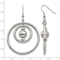 Pair of silver-tone dangle earrings with concentric circular rings and a central sphere, shown front and side view with a measurement scale.