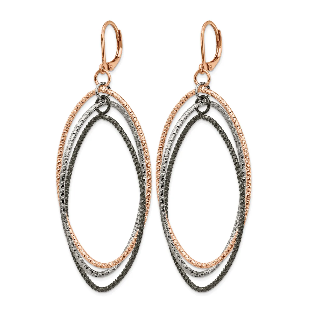 A pair of rose gold and blackened silver lever-back earrings featuring nested oval frames with textured surfaces, suspended from rose gold ear wires.