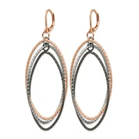 A pair of rose gold and blackened silver lever-back earrings featuring nested oval frames with textured surfaces, suspended from rose gold ear wires.