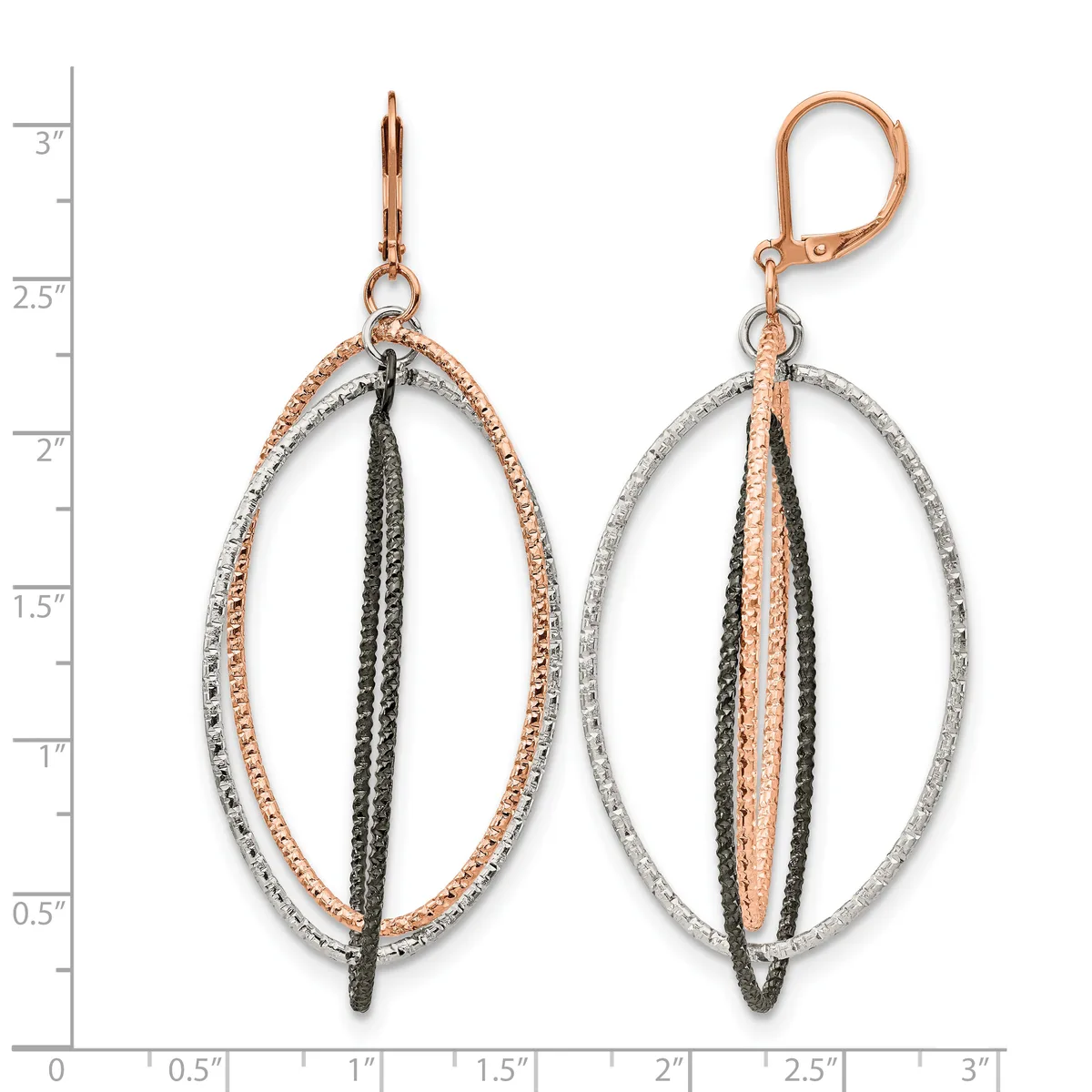 A pair of oval dangle earrings with rose gold and silver textured outer rings and black and rose gold striped inner chains, displayed against a measurement scale.