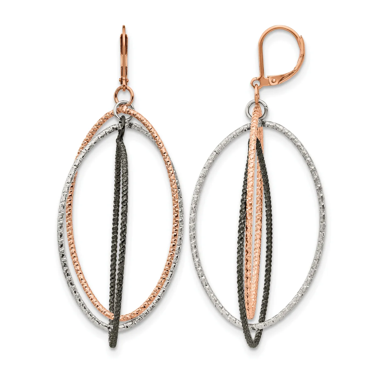 Pair of oval-shaped drop earrings with rose gold and silver textured outer bands and black and rose gold inner strands, shown from front and back views.